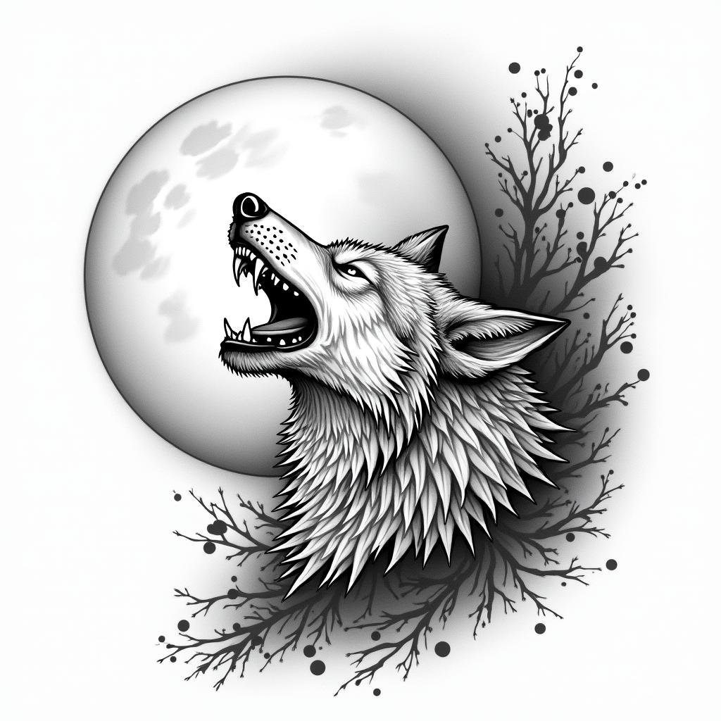 Howling wolf under a full moonin japanese style tattoo, detailed tattoo, traditional japanese culture tattoo, mythology, 8k
