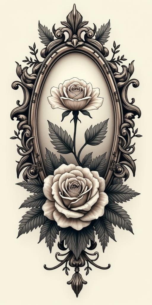 Something that reminds me of my childhood, in the countryside and when I came to the big city, Rio de Janeiro, my evolution.in victorian style tattoo, featuring vintage and elegant elements, ornate frames, roses, antique, sepia-toned color scheme - Variation 4
