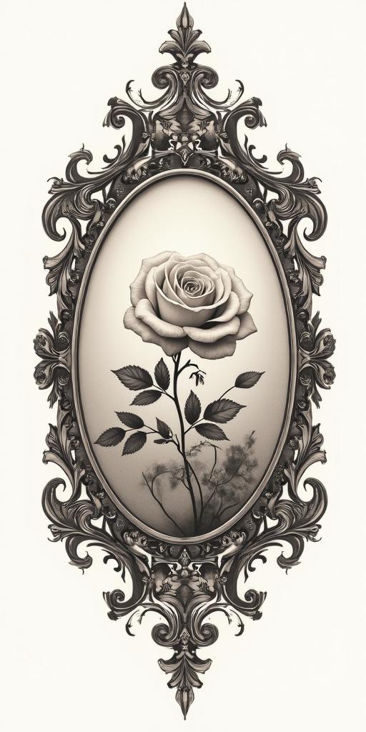 Something that reminds me of my childhood, in the countryside and when I came to the big city, Rio de Janeiro, my evolution.in victorian style tattoo, featuring vintage and elegant elements, ornate frames, roses, antique, sepia-toned color scheme - Variation 2