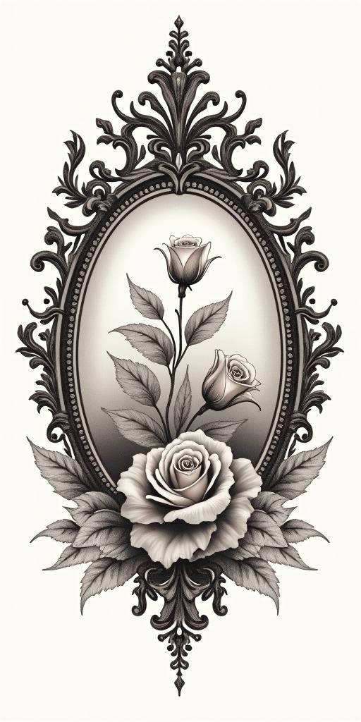 Something that reminds me of my childhood, in the countryside and when I came to the big city, Rio de Janeiro, my evolution.in victorian style tattoo, featuring vintage and elegant elements, ornate frames, roses, antique, sepia-toned color scheme