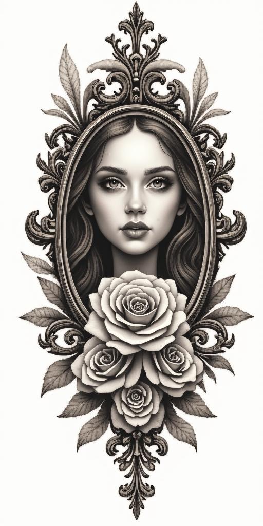 Something that reminds me of my childhood, in the countryside and when I came to the big city, Rio de Janeiro, my evolution.in victorian style tattoo, featuring vintage and elegant elements, ornate frames, roses, antique, sepia-toned color scheme - Variation 3