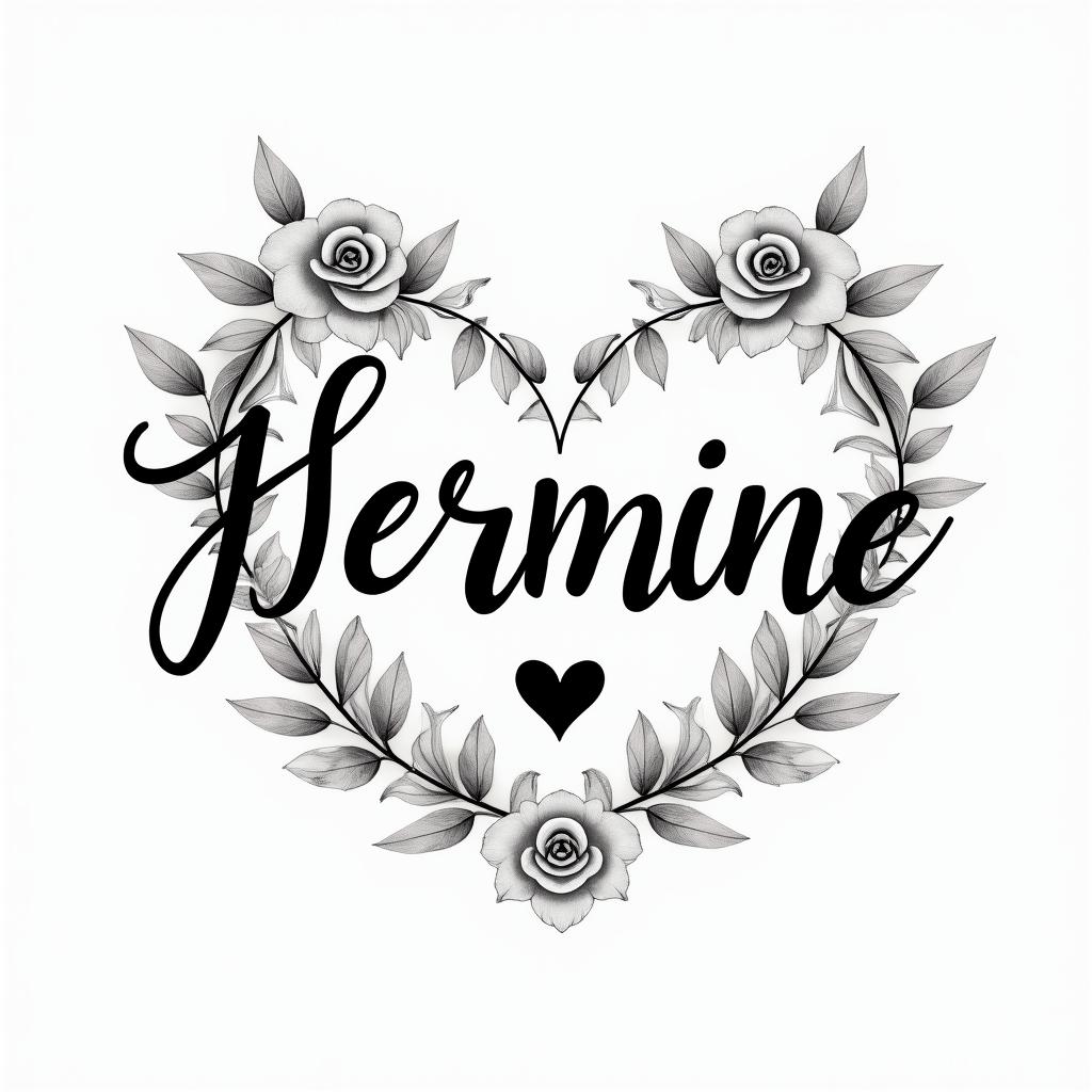 Herminein elegant cursive calligraphy style 2d tattoo, decorate with roses, featuring a smooth and flowing handwritten script with slightly thickened strokes for a luxurious and bold appearance,  heart symbol between names,  sleek and glossy black text with shadowing, minimalist matte white background, clean and sharp edges, illuminated with soft lighting, romantic, 8k, high-quality textures with refined typography - Variation 4