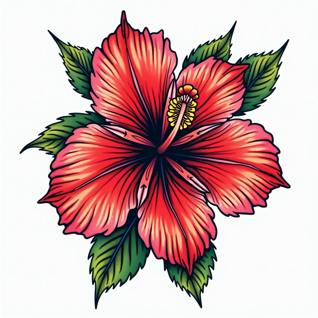 Hibiscus Jamaicain pop art style tattoo, featuring bold and vibrant colors, exaggerated outlines, iconic imagery, inspired by comic books and speech bubbles, comic book characters, retro pop culture - Variation 6