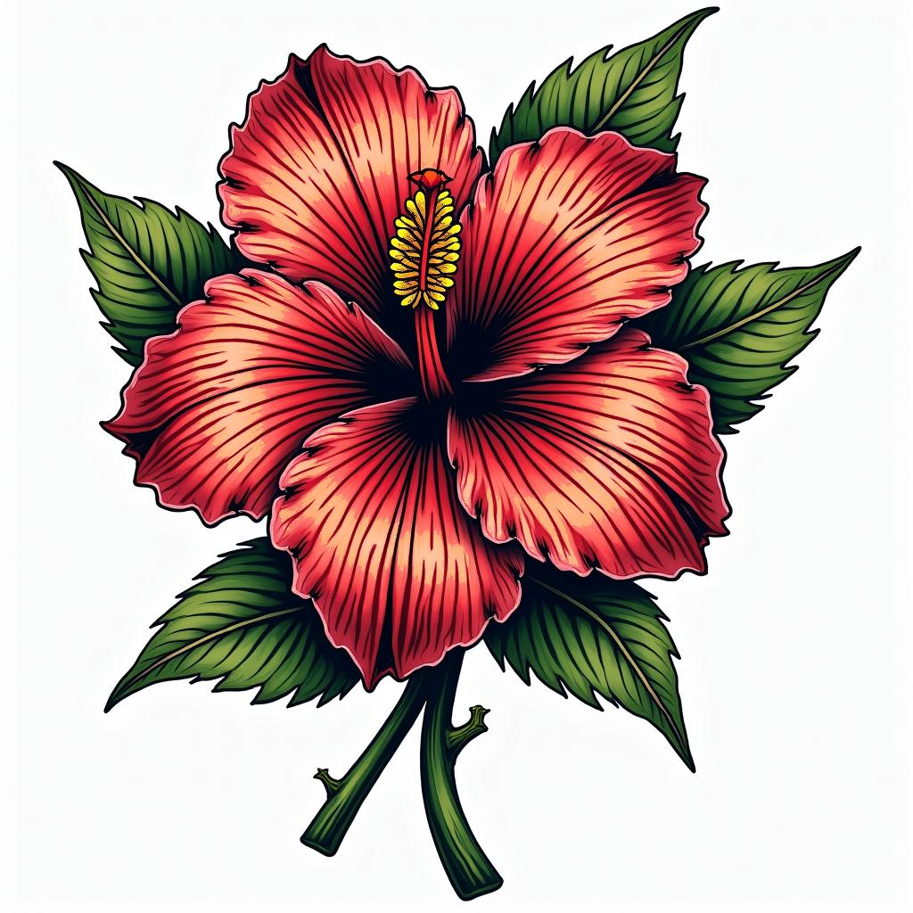 Hibiscus Jamaicain pop art style tattoo, featuring bold and vibrant colors, exaggerated outlines, iconic imagery, inspired by comic books and speech bubbles, comic book characters, retro pop culture - Variation 8