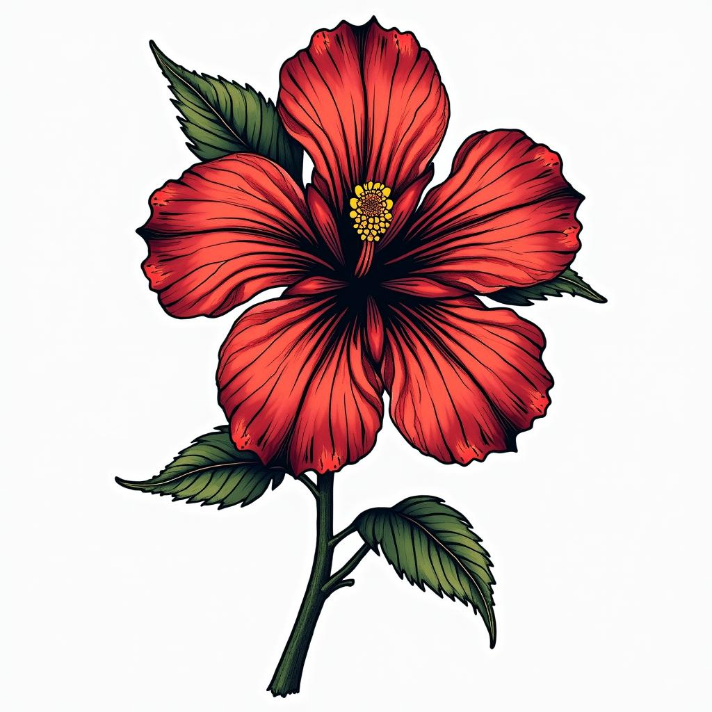 Hibiscus Jamaicain pop art style tattoo, featuring bold and vibrant colors, exaggerated outlines, iconic imagery, inspired by comic books and speech bubbles, comic book characters, retro pop culture - Variation 5