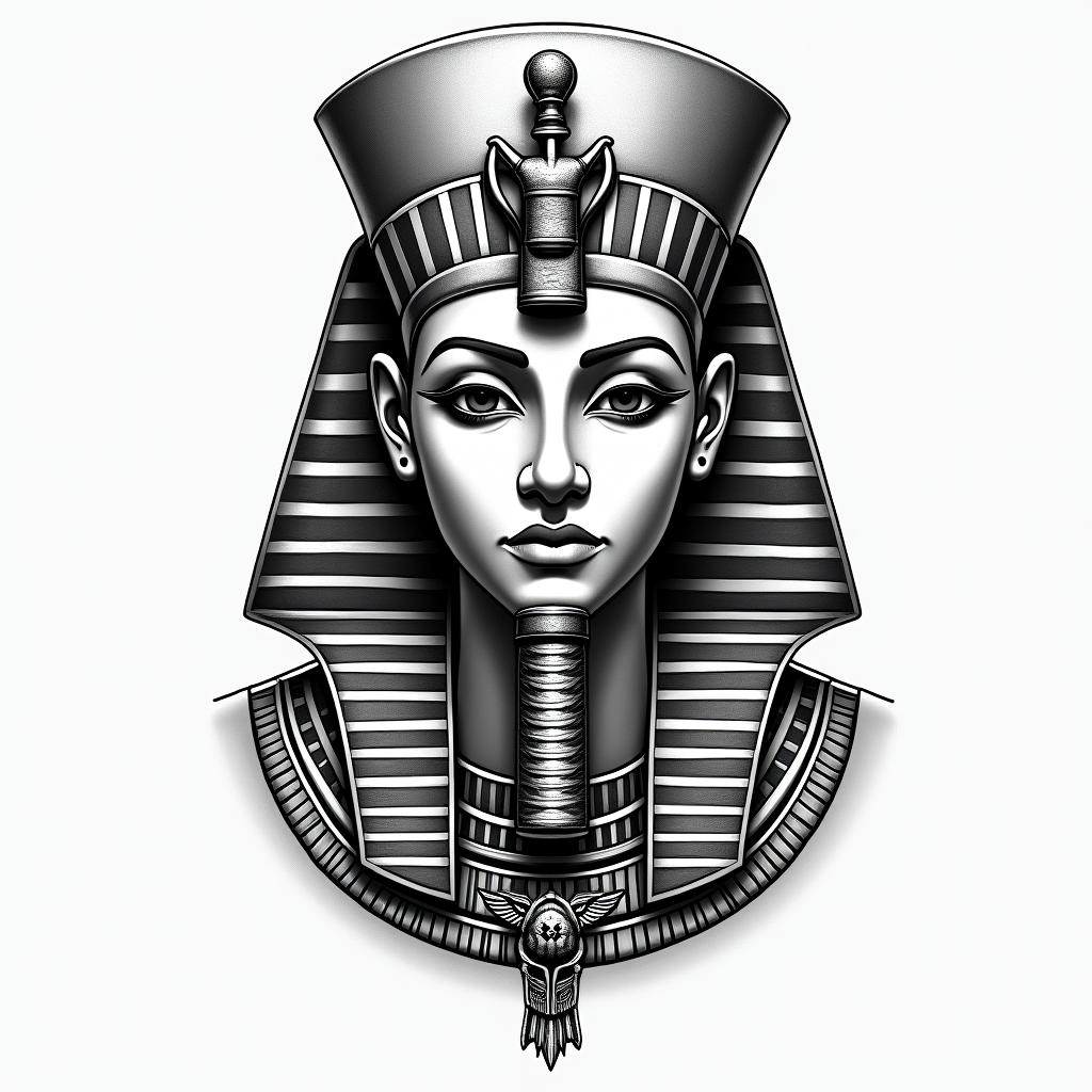 Egyptian tattooin egyptian style tattoo, bold elements of ancient egyptian culture including a portrait of an Egyptian pharaoh with detailed facial features, in hieroglyphs and symbolic imagery, eye of horus, ankh symbol, scarab beetle - Variation 1
