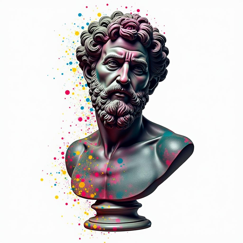 Cuban warrior and fraternalin distorted and fragmented tattoo design, featuring a classical statue bust, in a glitch art style with vibrant, overlapping colors of cyan, magenta, and yellow, creating a digital distortion effect - Variation 4