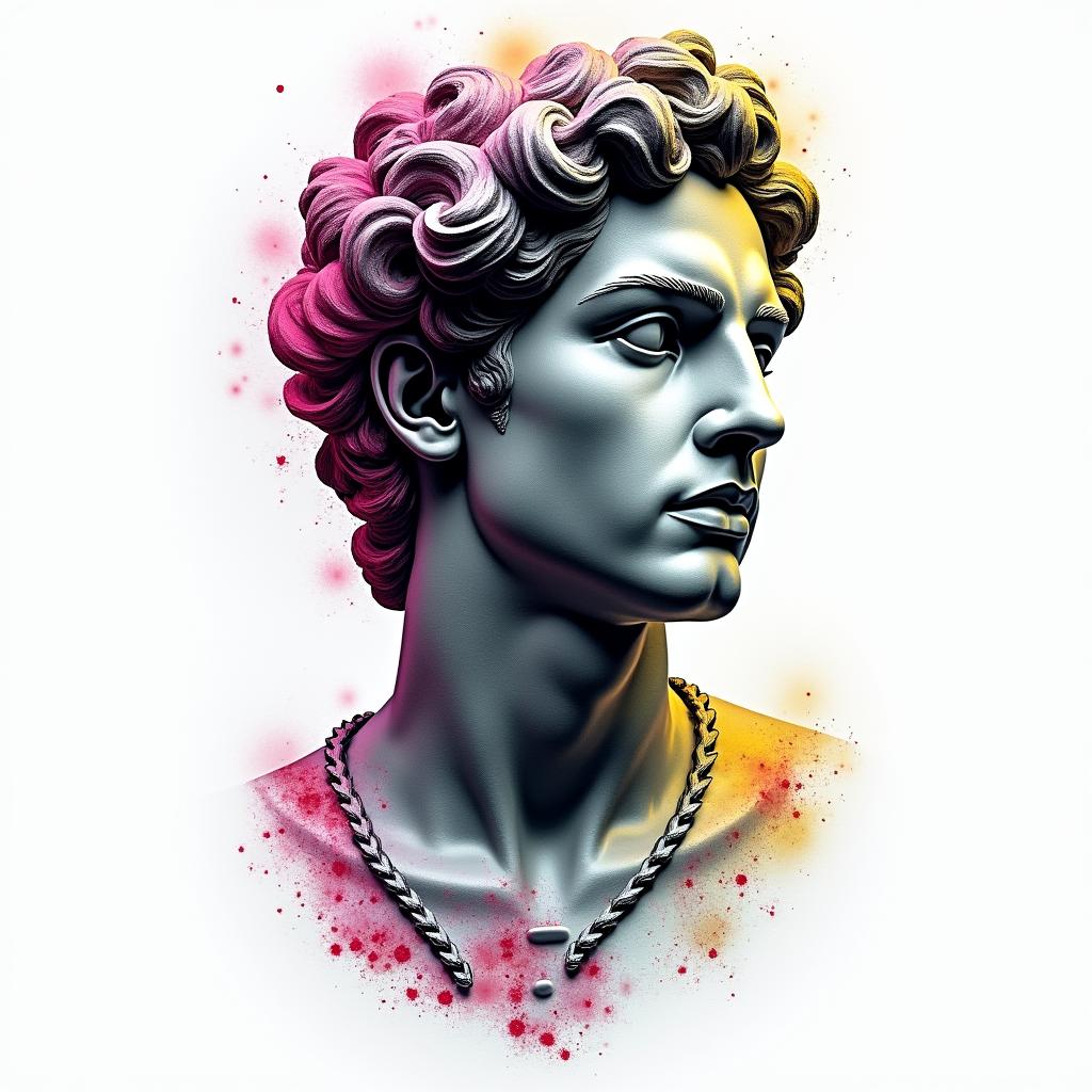 Cuban warrior and fraternalin distorted and fragmented tattoo design, featuring a classical statue bust, in a glitch art style with vibrant, overlapping colors of cyan, magenta, and yellow, creating a digital distortion effect - Variation 3