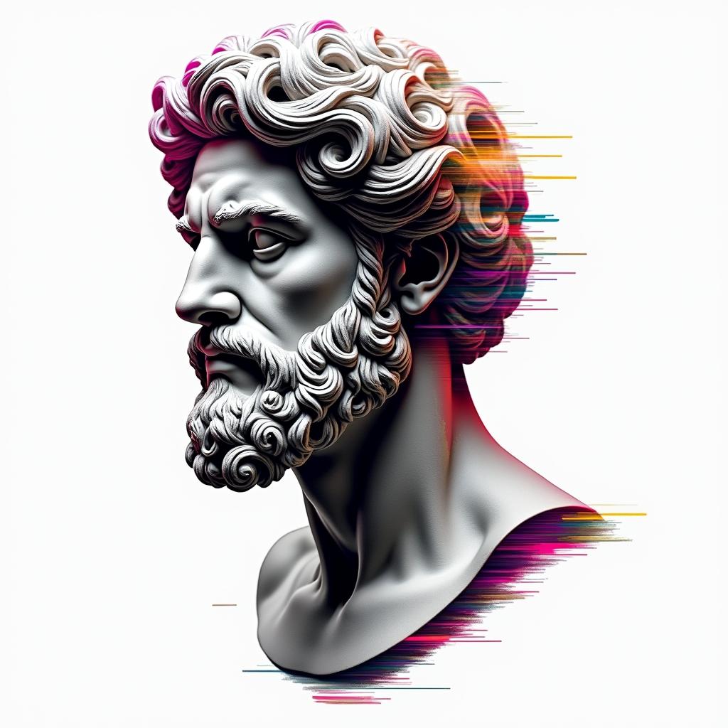 Cuban warrior and fraternalin distorted and fragmented tattoo design, featuring a classical statue bust, in a glitch art style with vibrant, overlapping colors of cyan, magenta, and yellow, creating a digital distortion effect - Variation 2