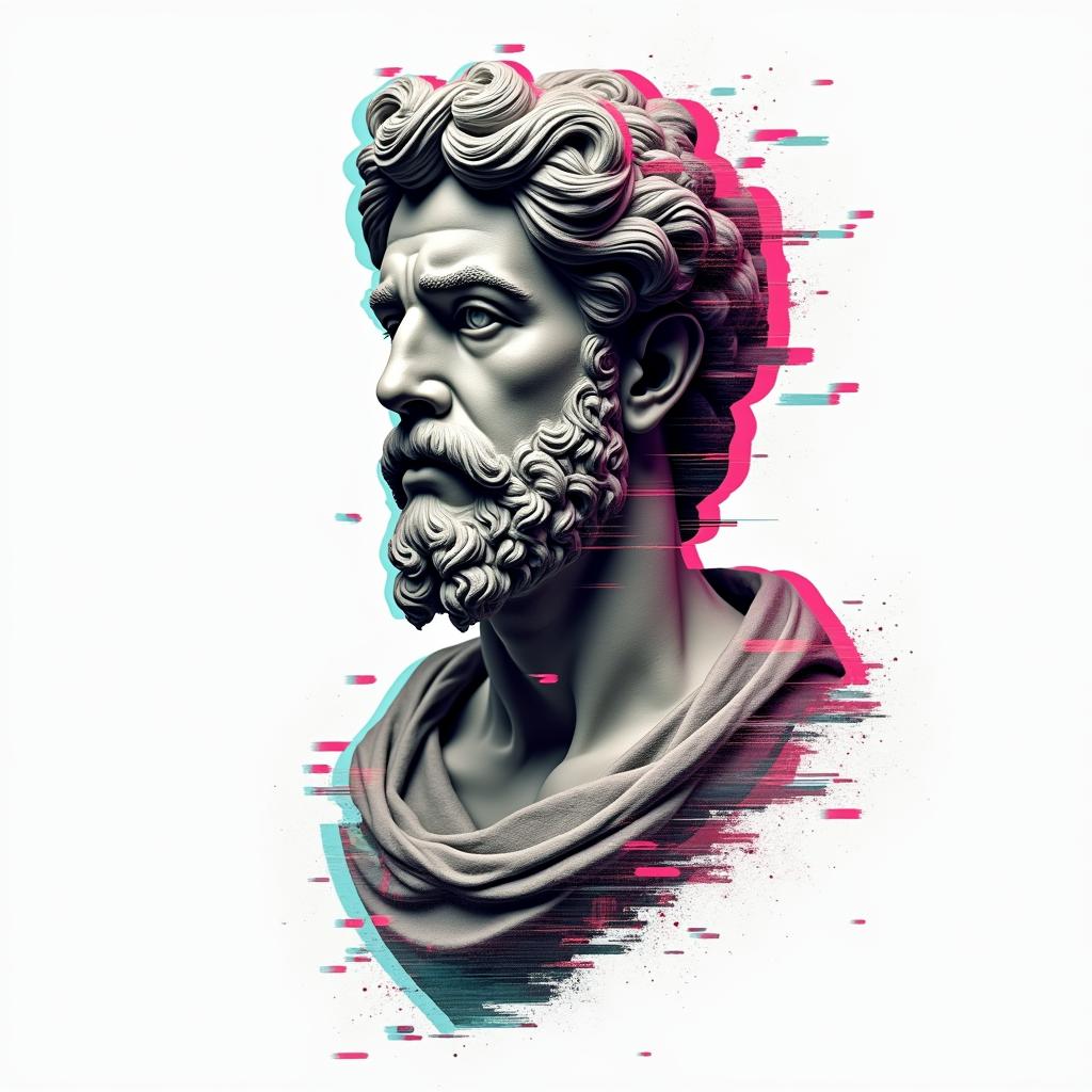 Cuban warrior and fraternalin distorted and fragmented tattoo design, featuring a classical statue bust, in a glitch art style with vibrant, overlapping colors of cyan, magenta, and yellow, creating a digital distortion effect