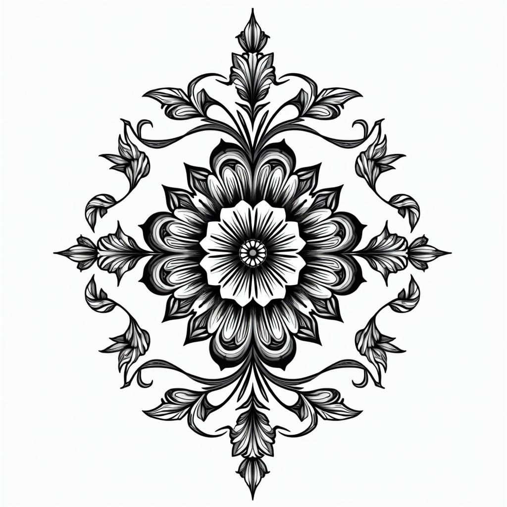 AYMEE, Aquarius, indigenousin ornamental tattoo style, featuring intricate symmetrical patterns and floral designs, showcasing highly detailed line work and geometric shapes, creating a sense of elegance and balance - Variation 2