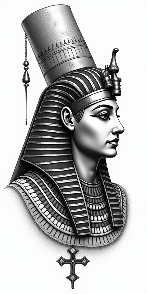 Something that reminds me of my childhood, in the countryside and when I came to the big city, Rio de Janeiro, my evolution.in egyptian style tattoo, bold elements of ancient egyptian culture including a portrait of an Egyptian pharaoh with detailed facial features, in hieroglyphs and symbolic imagery, eye of horus, ankh symbol, scarab beetle