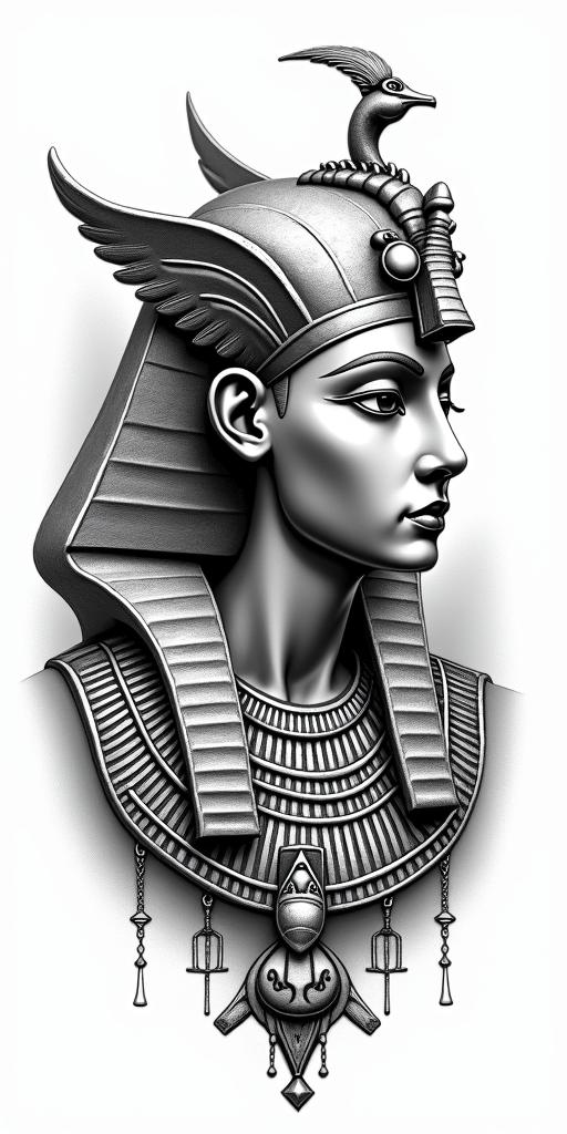 Something that reminds me of my childhood, in the countryside and when I came to the big city, Rio de Janeiro, my evolution.in egyptian style tattoo, bold elements of ancient egyptian culture including a portrait of an Egyptian pharaoh with detailed facial features, in hieroglyphs and symbolic imagery, eye of horus, ankh symbol, scarab beetle - Variation 4