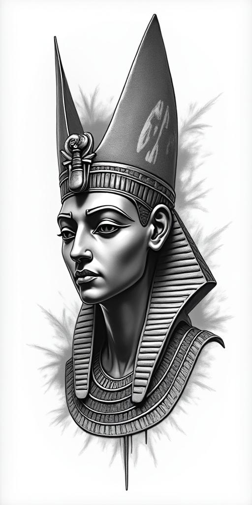 Something that reminds me of my childhood, in the countryside and when I came to the big city, Rio de Janeiro, my evolution.in egyptian style tattoo, bold elements of ancient egyptian culture including a portrait of an Egyptian pharaoh with detailed facial features, in hieroglyphs and symbolic imagery, eye of horus, ankh symbol, scarab beetle - Variation 3