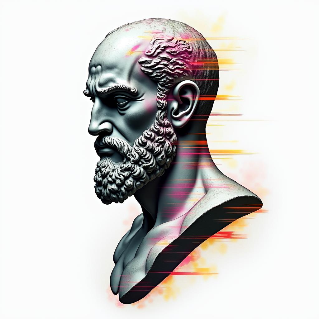 Kratos wayin distorted and fragmented tattoo design, featuring a classical statue bust, in a glitch art style with vibrant, overlapping colors of cyan, magenta, and yellow, creating a digital distortion effect