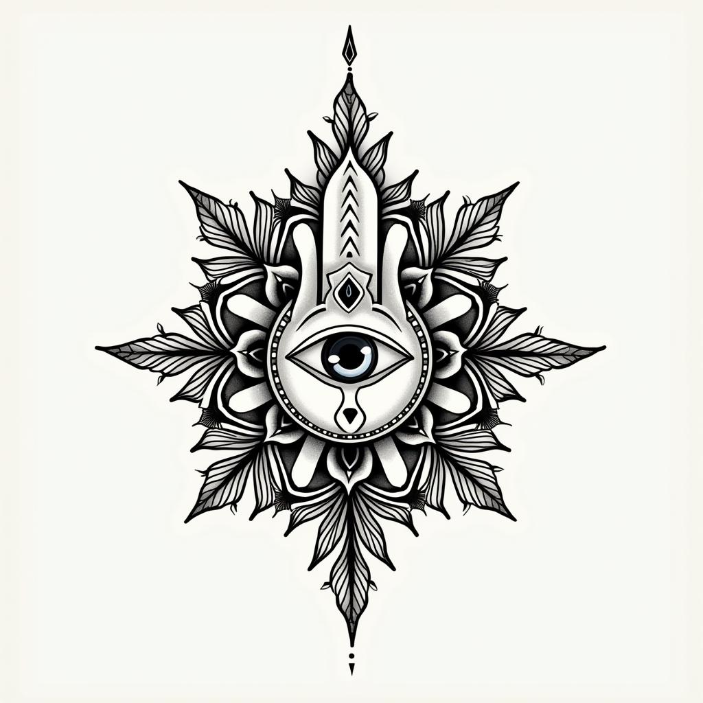 Theodoro, Libra, Belo Horizontein spiritual symbols tattoo style, featuring an intricate design incorporating elements, Hamsa hand, third eye, minimalist composition - Variation 2