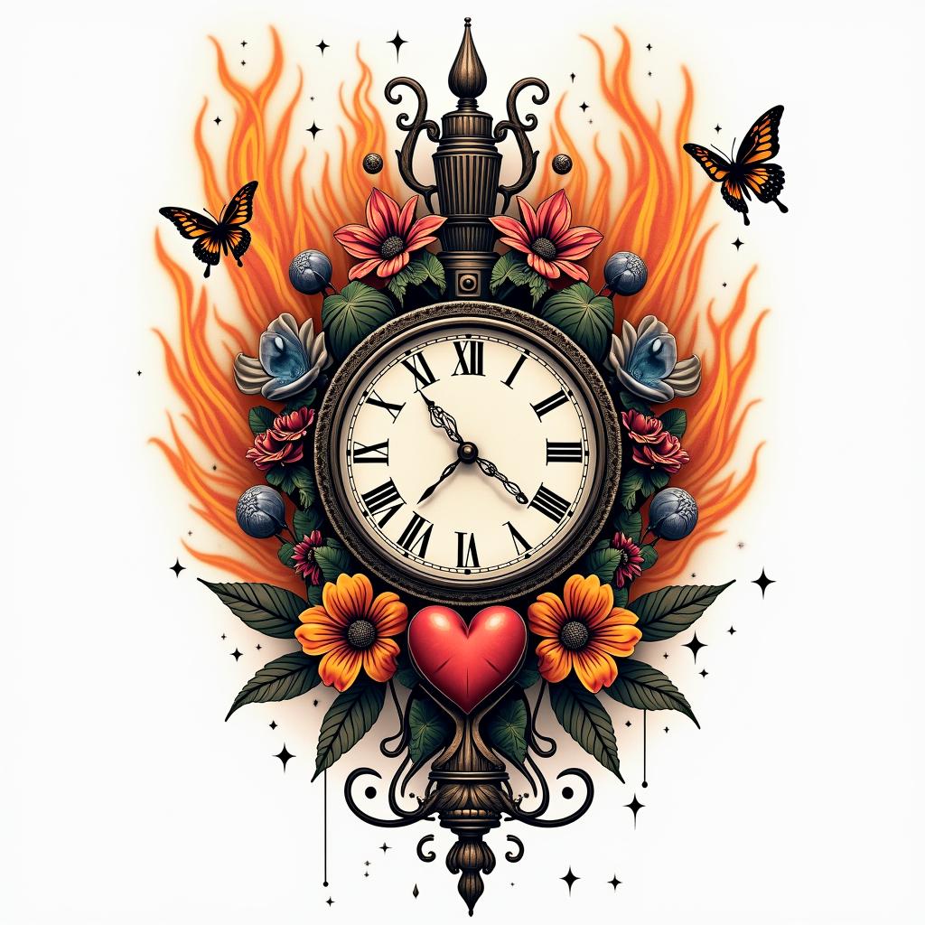planets, snakes, flowers, butterflies stars,marijuana, a vintage clock, a heart bleedingin flame tattoo style showcasing fiery elements with dynamic flame patterns, glowing effect of flames, natural colors - Variation 3