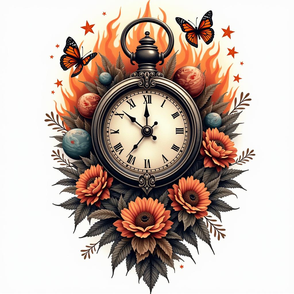 planets, snakes, flowers, butterflies stars,marijuana, a vintage clock, a heart bleedingin flame tattoo style showcasing fiery elements with dynamic flame patterns, glowing effect of flames, natural colors - Variation 4