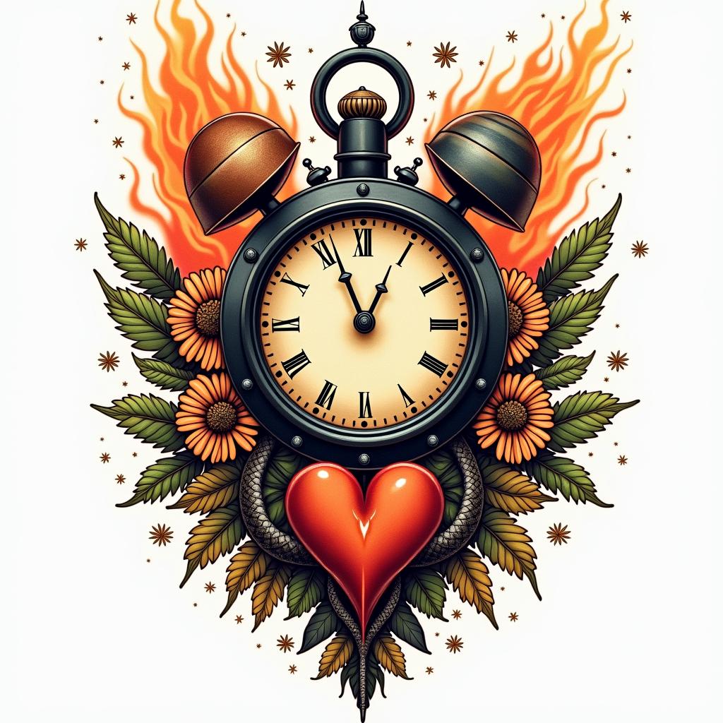 planets, snakes, flowers, butterflies stars,marijuana, a vintage clock, a heart bleedingin flame tattoo style showcasing fiery elements with dynamic flame patterns, glowing effect of flames, natural colors - Variation 2