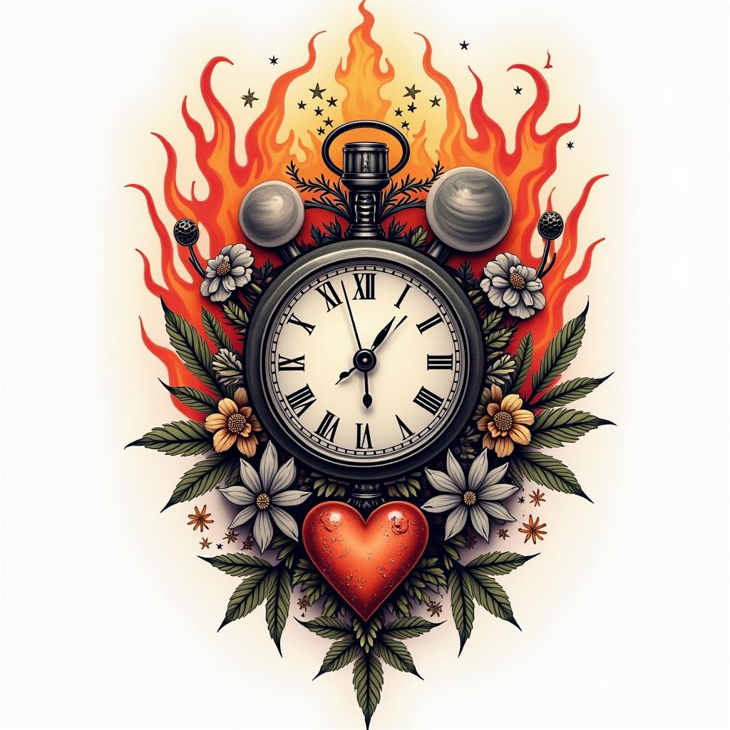 planets, snakes, flowers, butterflies stars,marijuana, a vintage clock, a heart bleedingin flame tattoo style showcasing fiery elements with dynamic flame patterns, glowing effect of flames, natural colors