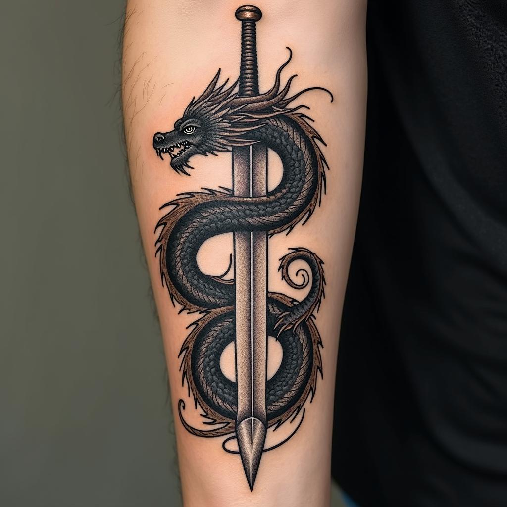 Majestic dragon coiled around a swordtext-based tattoo, gothic font ultra-realistic, perfectly placed, high-quality font design, photo-realistic shading, 8k, high quality, finely detailed typography - Variation 3