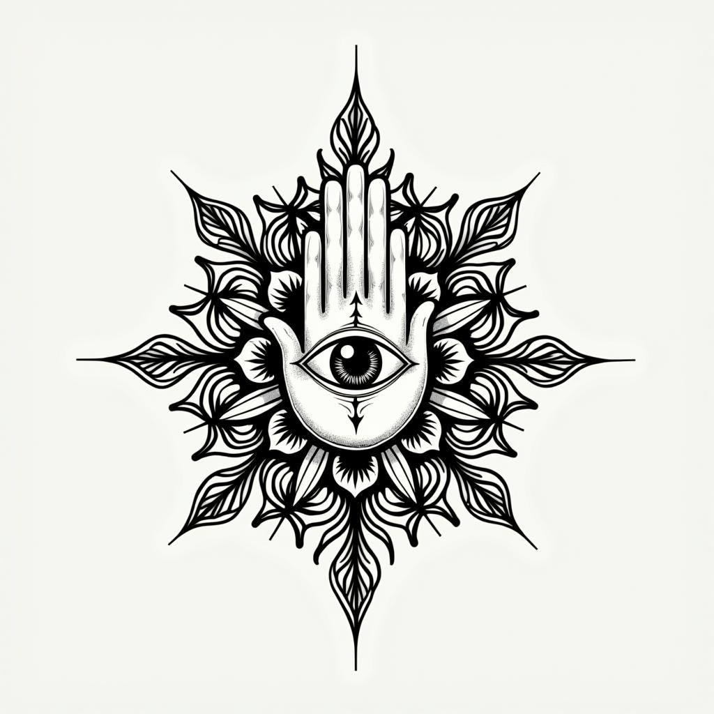 Theodoro, Libra, Belo Horizontein spiritual symbols tattoo style, featuring an intricate design incorporating elements, Hamsa hand, third eye, minimalist composition - Variation 1