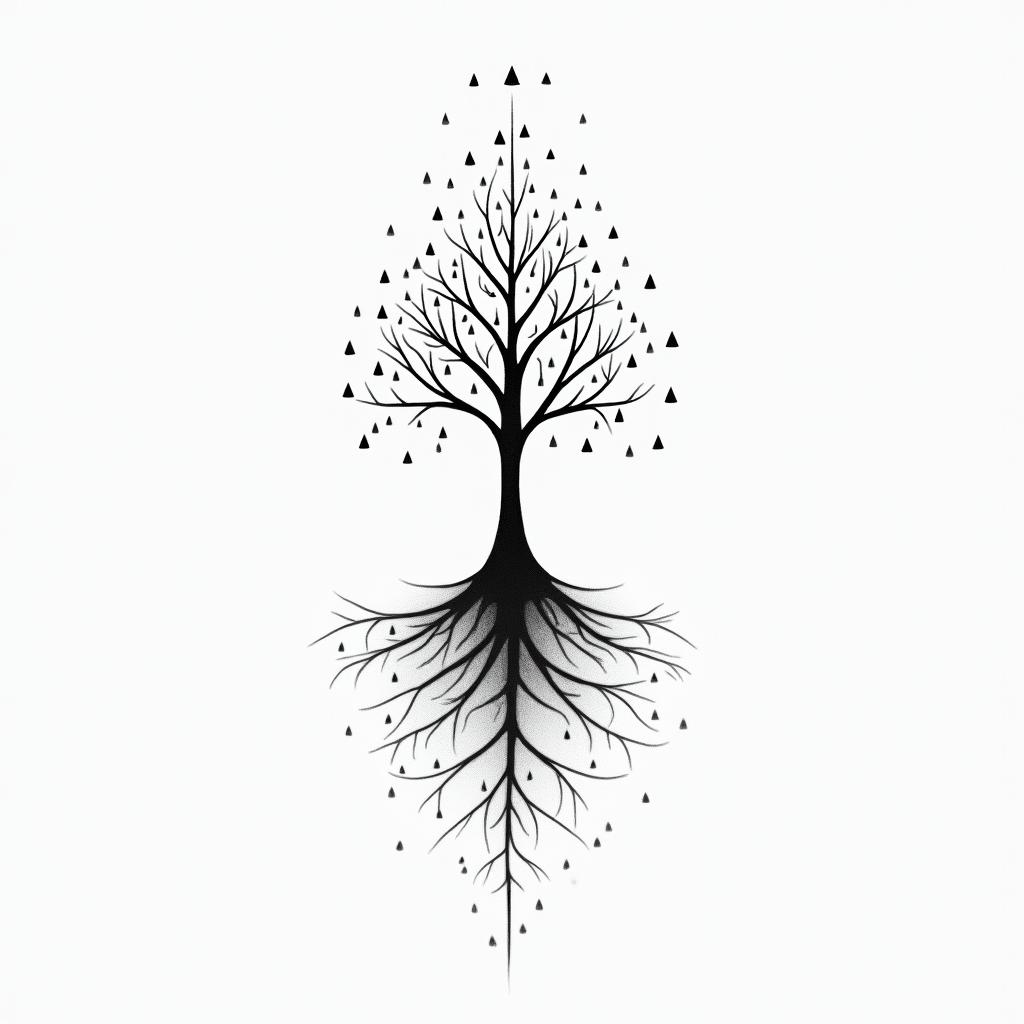 Puzzle and treein minimalist style tattoo, featuring simple shapes and fine lines, with minimal shading and details, tiny triangles, creating a sense of balance and harmony