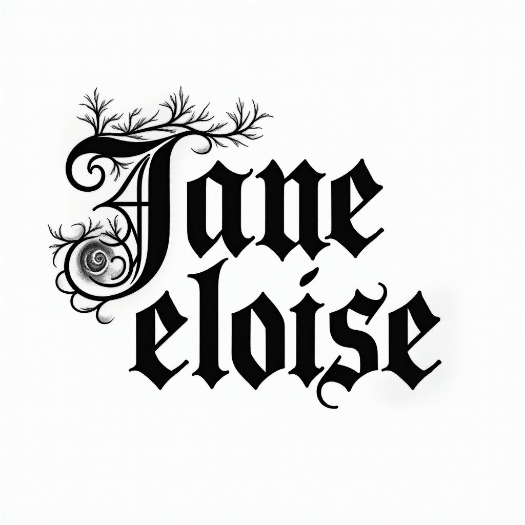 Tatto com nome Jade Eloise text-based tattoo, gothic font ultra-realistic, perfectly placed, high-quality font design, photo-realistic shading, 8k, high quality, finely detailed typography - Variation 4
