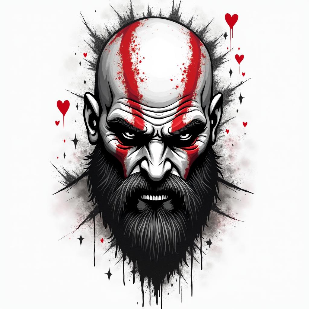 Kratos' facein graffiti style tattoo, featuring bold and dynamic street art elements, spray-paint texture with exaggerated lines and expressive, chaotic brushstrokes, intricate lettering incorporated with graffiti tags, symbols like hearts, stars, and wings - Variation 4