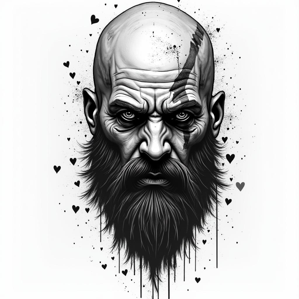 Kratos' facein graffiti style tattoo, featuring bold and dynamic street art elements, spray-paint texture with exaggerated lines and expressive, chaotic brushstrokes, intricate lettering incorporated with graffiti tags, symbols like hearts, stars, and wings