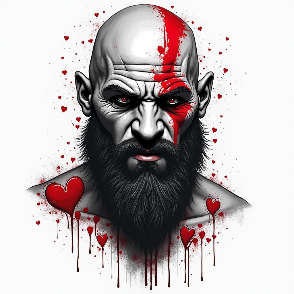 Kratos' facein graffiti style tattoo, featuring bold and dynamic street art elements, spray-paint texture with exaggerated lines and expressive, chaotic brushstrokes, intricate lettering incorporated with graffiti tags, symbols like hearts, stars, and wings - Variation 3