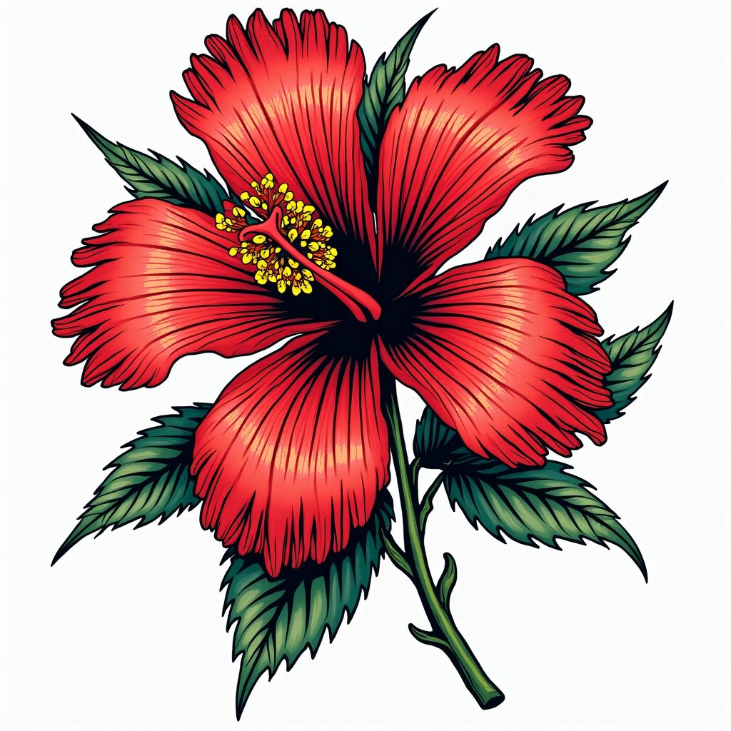 Hibiscus Jamaicain pop art style tattoo, featuring bold and vibrant colors, exaggerated outlines, iconic imagery, inspired by comic books and speech bubbles, comic book characters, retro pop culture - Variation 4