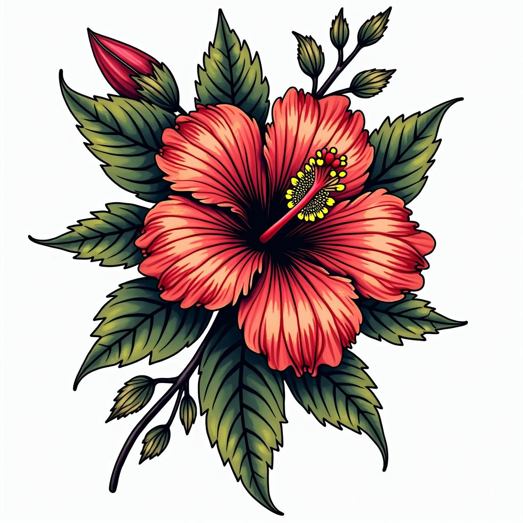 Hibiscus Jamaicain pop art style tattoo, featuring bold and vibrant colors, exaggerated outlines, iconic imagery, inspired by comic books and speech bubbles, comic book characters, retro pop culture - Variation 2