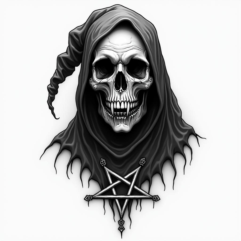 Grim Reapercreepy horror tattoo style, featuring an eerie and unsettling skull of a demonic creature, distorted face with sharp fangs, add pentagram symbol
