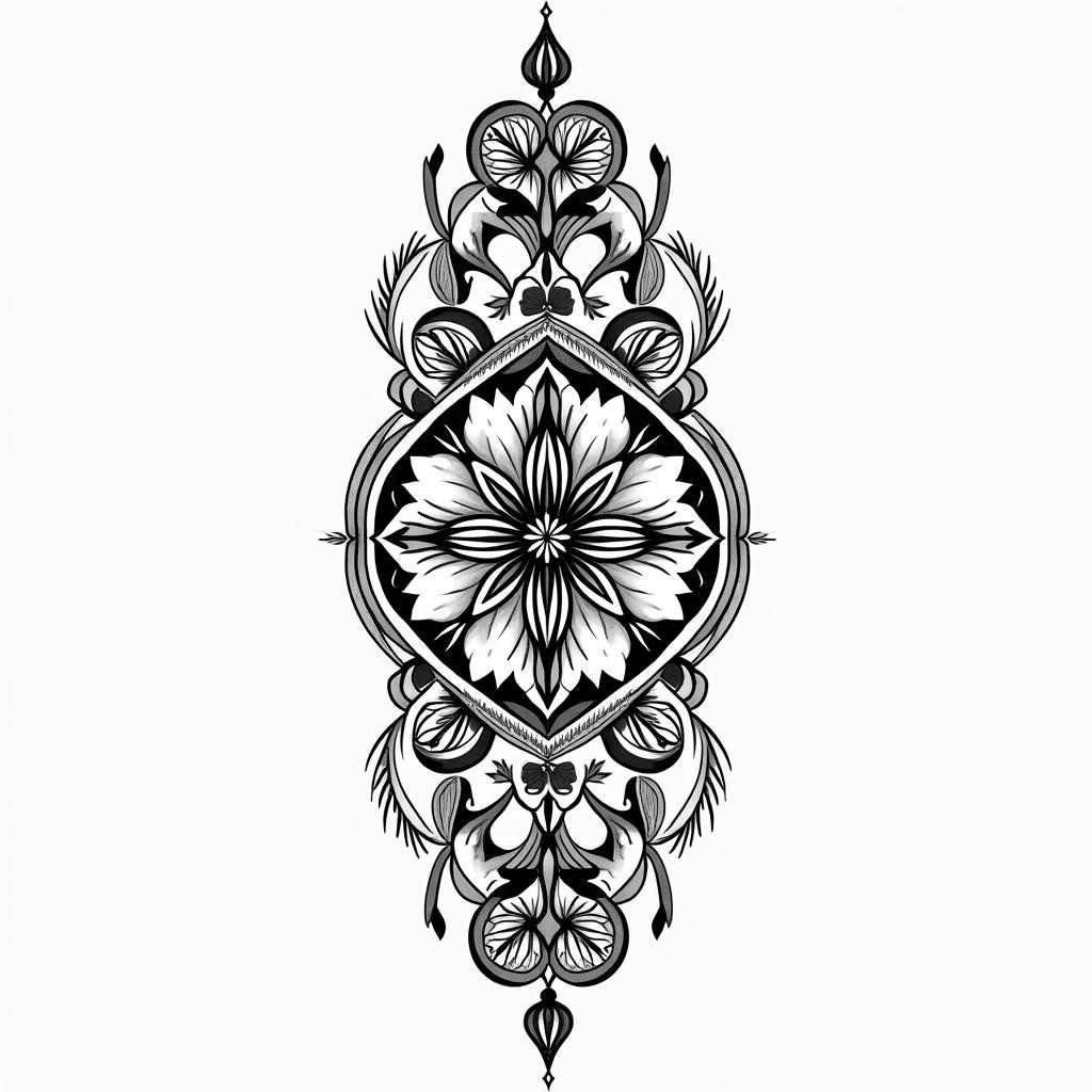 AYMEE, Aquarius, indigenousin ornamental tattoo style, featuring intricate symmetrical patterns and floral designs, showcasing highly detailed line work and geometric shapes, creating a sense of elegance and balance - Variation 1