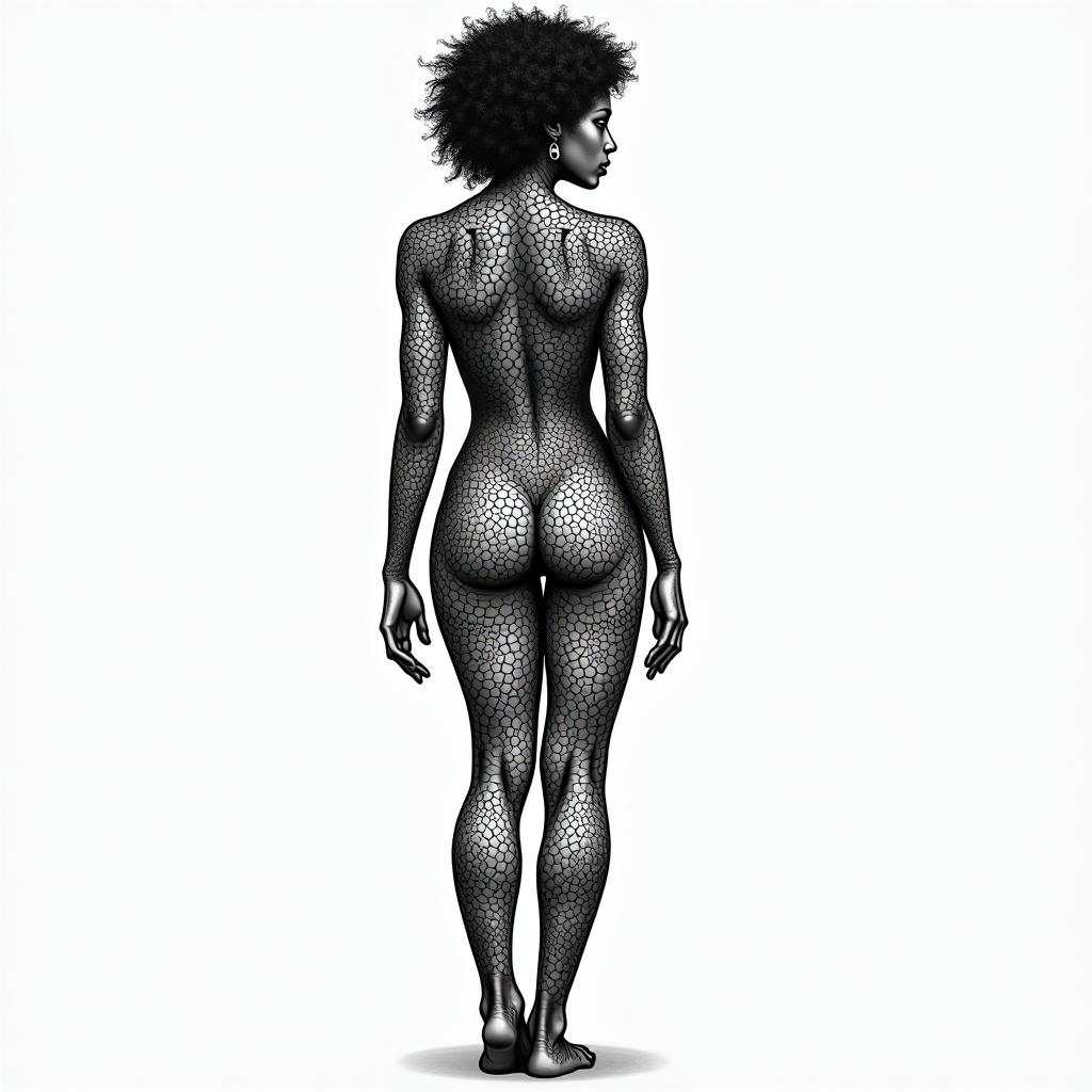 Tattoo of an ebony goddess for the calf that looks sensual and has a really nice body that is shown in the tattoo.in dotwork style tattoo, complex mandala patterns, interlocking geometric shapes with sharp symmetry, clean lines, sharp angles - Variation 1