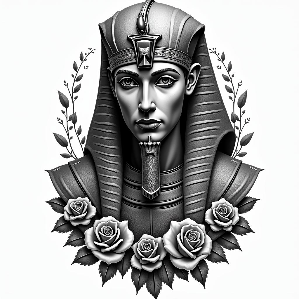 Medieval knight with rosesin egyptian style tattoo, bold elements of ancient egyptian culture including a portrait of an Egyptian pharaoh with detailed facial features, in hieroglyphs and symbolic imagery, eye of horus, ankh symbol, scarab beetle - Variation 1