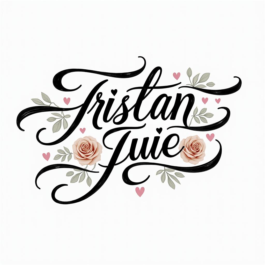 Tristan Juliet Jacein elegant cursive calligraphy style 2d tattoo, decorate with roses, featuring a smooth and flowing handwritten script with slightly thickened strokes for a luxurious and bold appearance, heart symbol between names, sleek and glossy black text with shadowing, minimalist matte white background, clean and sharp edges, illuminated with soft lighting, romantic, 8k, high-quality textures with refined typography - Variation 2