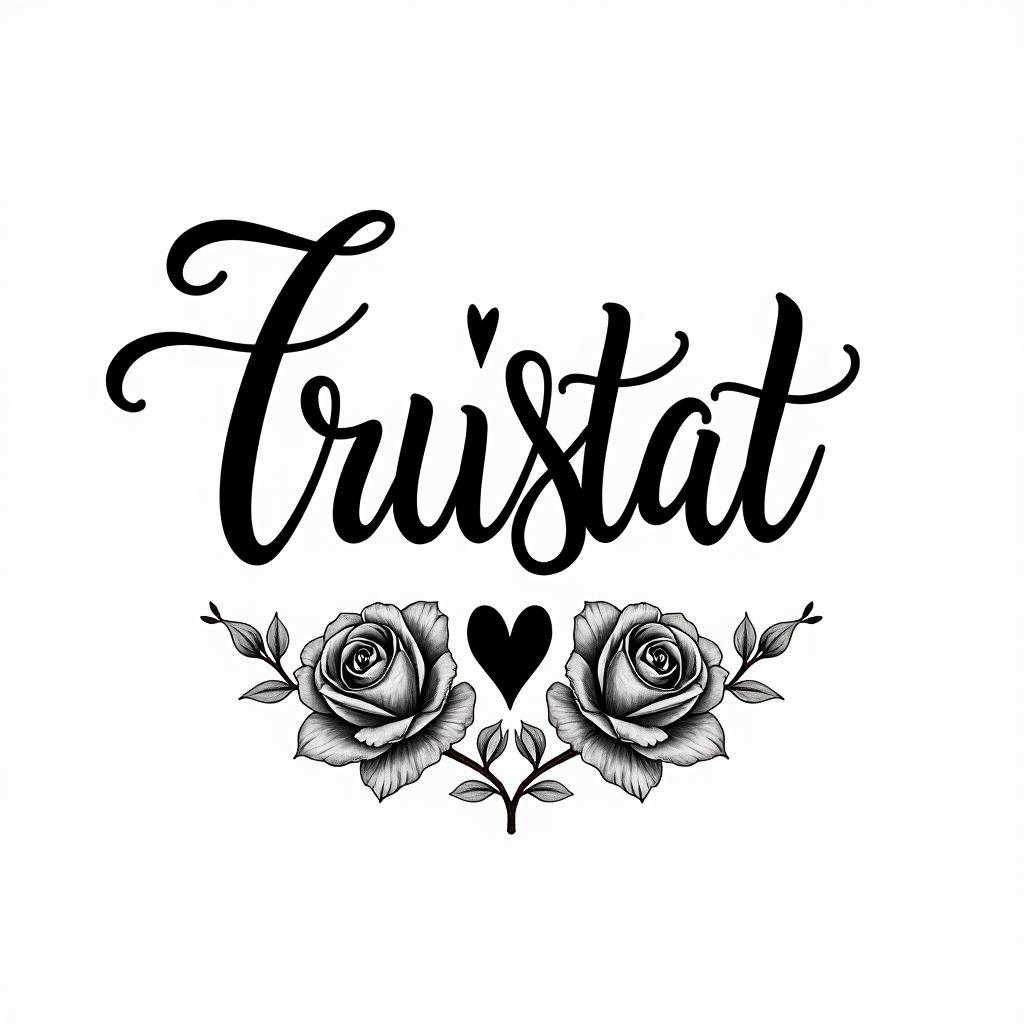 Tristan Juliet Jacein elegant cursive calligraphy style 2d tattoo, decorate with roses, featuring a smooth and flowing handwritten script with slightly thickened strokes for a luxurious and bold appearance, heart symbol between names, sleek and glossy black text with shadowing, minimalist matte white background, clean and sharp edges, illuminated with soft lighting, romantic, 8k, high-quality textures with refined typography - Variation 3