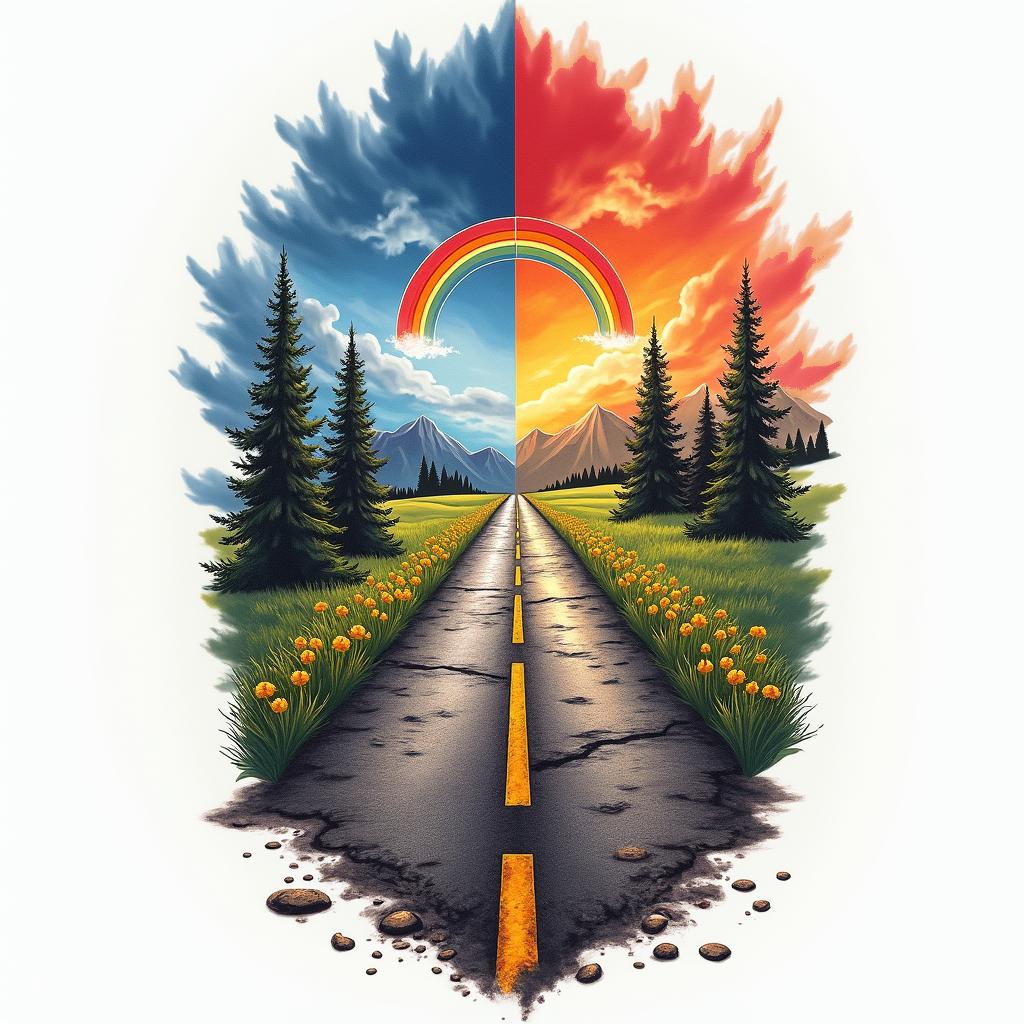 A tattoo design symbolizing a life journey along a road from darkness to light. One side features a stormy, cloudy atmosphere, representing struggles with finance, drugs, and a car accident, while the other side transitions into vibrant colors with a rainbow and a pot of gold, symbolizing healing, family unity, and newfound fortune. The design incorporates elements like street signs, debris, and lottery tickets, reflecting the chaos of the past, alongside tears and trash as reminders of the journey taken.higly detailed tattoo - Variation 4