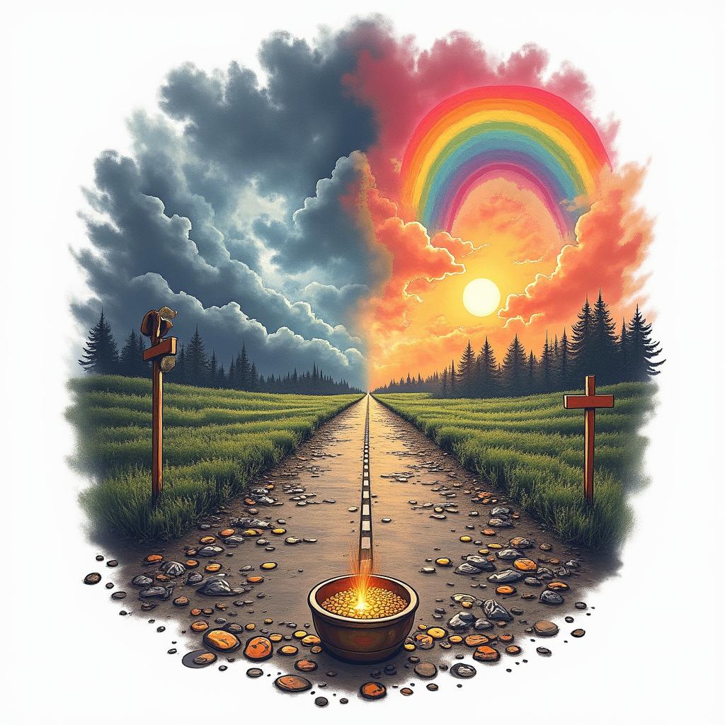 A tattoo design symbolizing a life journey along a road from darkness to light. One side features a stormy, cloudy atmosphere, representing struggles with finance, drugs, and a car accident, while the other side transitions into vibrant colors with a rainbow and a pot of gold, symbolizing healing, family unity, and newfound fortune. The design incorporates elements like street signs, debris, and lottery tickets, reflecting the chaos of the past, alongside tears and trash as reminders of the journey taken.higly detailed tattoo - Variation 3