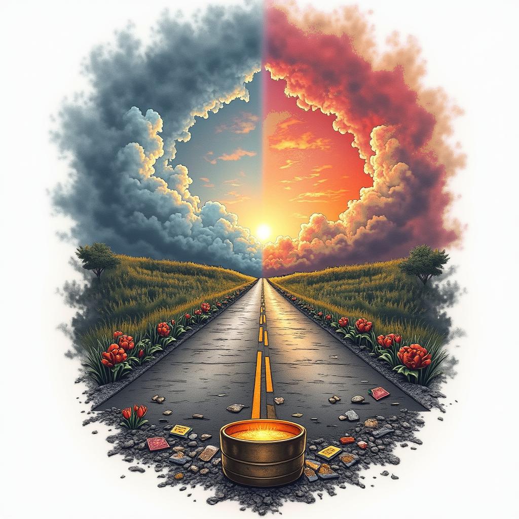 A tattoo design symbolizing a life journey along a road from darkness to light. One side features a stormy, cloudy atmosphere, representing struggles with finance, drugs, and a car accident, while the other side transitions into vibrant colors with a rainbow and a pot of gold, symbolizing healing, family unity, and newfound fortune. The design incorporates elements like street signs, debris, and lottery tickets, reflecting the chaos of the past, alongside tears and trash as reminders of the journey taken.higly detailed tattoo - Variation 2
