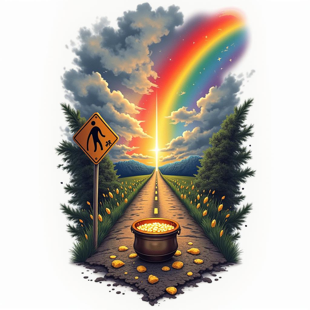 A tattoo design symbolizing a life journey along a road from darkness to light. One side features a stormy, cloudy atmosphere, representing struggles with finance, drugs, and a car accident, while the other side transitions into vibrant colors with a rainbow and a pot of gold, symbolizing healing, family unity, and newfound fortune. The design incorporates elements like street signs, debris, and lottery tickets, reflecting the chaos of the past, alongside tears and trash as reminders of the journey taken.higly detailed tattoo