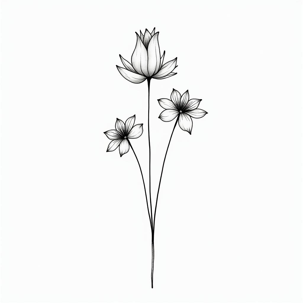 January and April birth month flowers, minimalin minimalist style tattoo, featuring simple shapes and fine lines, with minimal shading and details, tiny triangles, creating a sense of balance and harmony