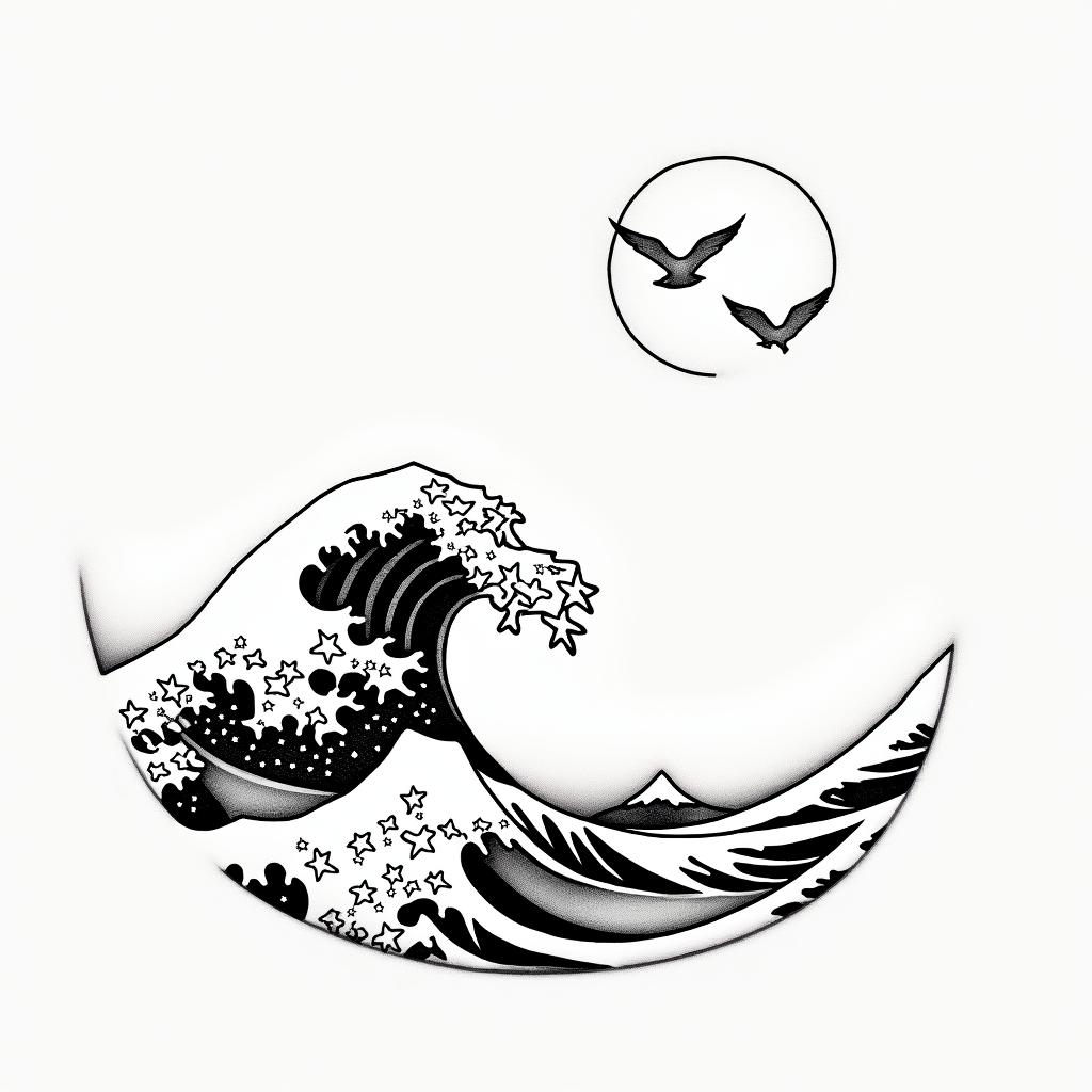 Wave but not. The great wave of Kanagawa , full moon nd star's with two seagullsin minimalist style tattoo, featuring simple shapes and fine lines, with minimal shading and details, tiny triangles, creating a sense of balance and harmony - Variation 3