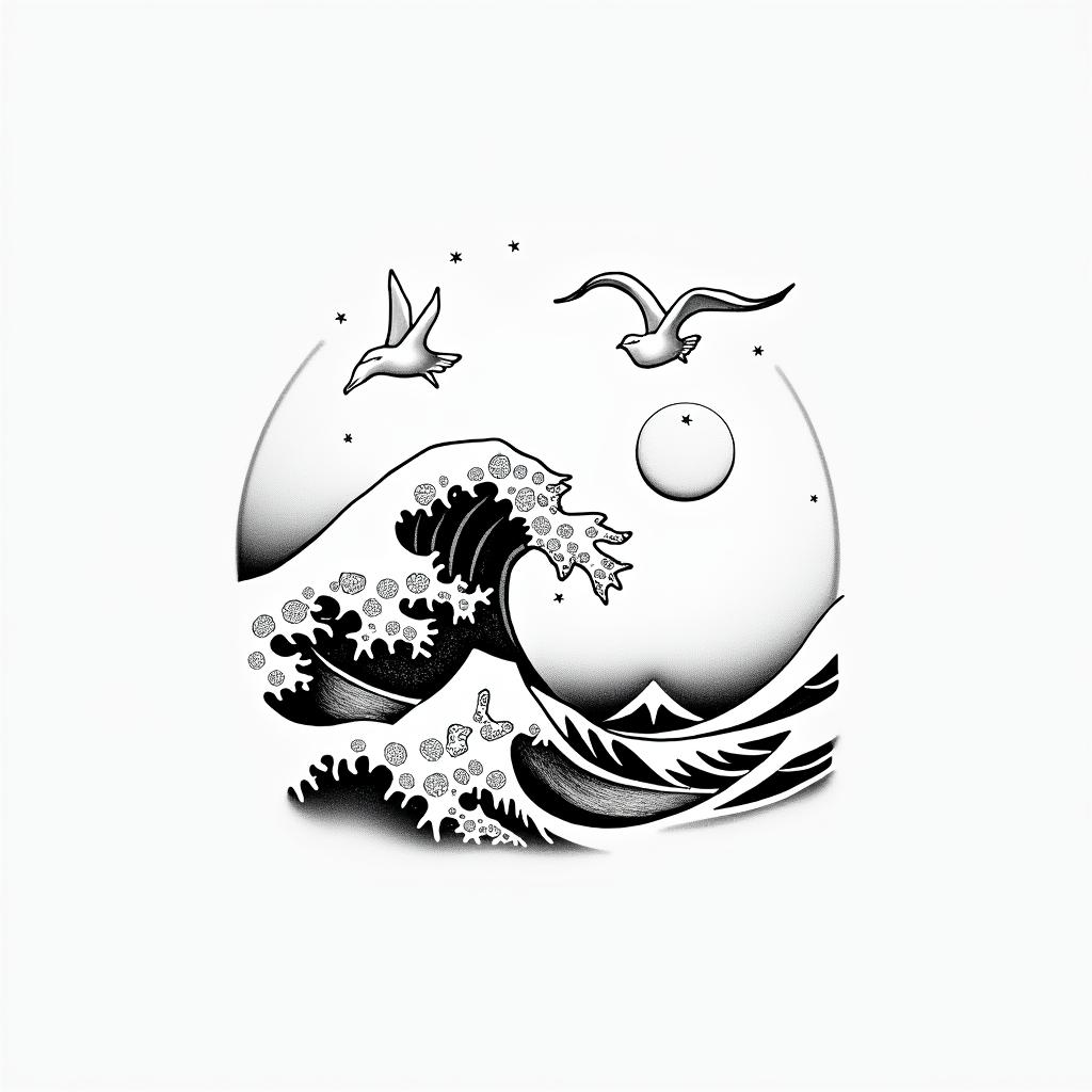 Wave but not. The great wave of Kanagawa , full moon nd star's with two seagullsin minimalist style tattoo, featuring simple shapes and fine lines, with minimal shading and details, tiny triangles, creating a sense of balance and harmony