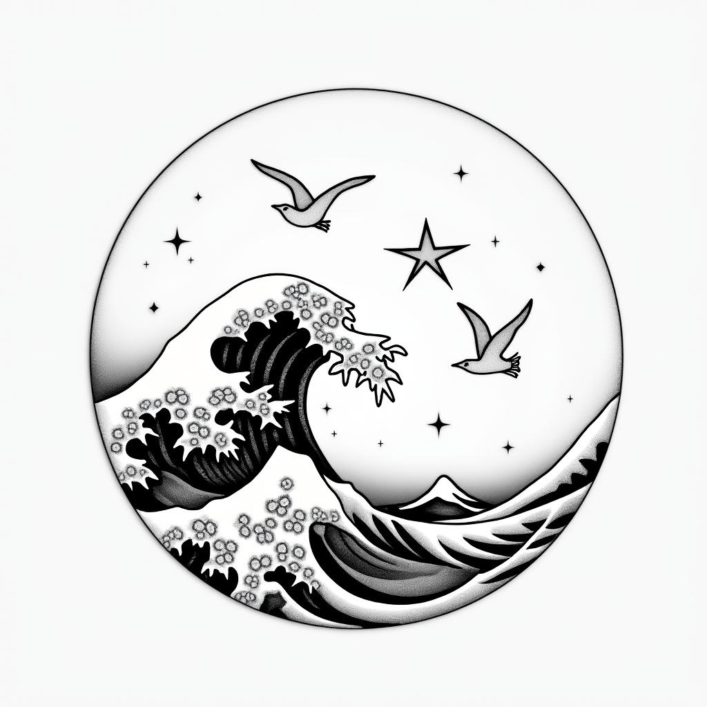 Wave but not. The great wave of Kanagawa , full moon nd star's with two seagullsin minimalist style tattoo, featuring simple shapes and fine lines, with minimal shading and details, tiny triangles, creating a sense of balance and harmony - Variation 4