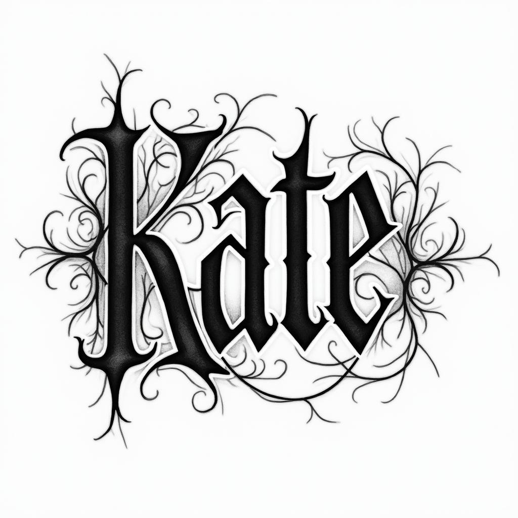 Katetext-based tattoo, gothic font ultra-realistic, perfectly placed, high-quality font design, photo-realistic shading, 8k, high quality, finely detailed typography - Variation 8