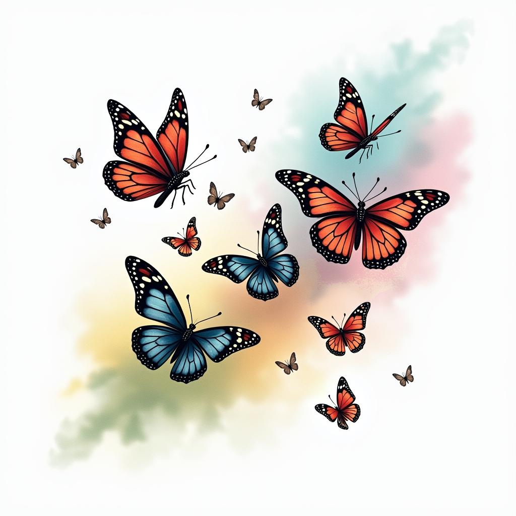 A dynamic scene of small butterflies in motion, showcasing vibrant colors of red, blue, yellow, and green. The butterflies represent beauty and freedom, symbolizing important life moments. The background features elements of nature, emphasizing the theme of liberation and movement.higly detailed tattoo - Variation 3