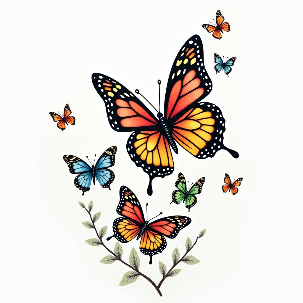 A dynamic scene of small butterflies in motion, showcasing vibrant colors of red, blue, yellow, and green. The butterflies represent beauty and freedom, symbolizing important life moments. The background features elements of nature, emphasizing the theme of liberation and movement.higly detailed tattoo - Variation 2